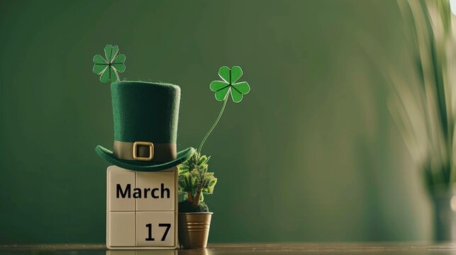 March 17th scene: side view of table with timber calendar, lager glass, clover leaves, gold pieces, leprechaun top hat, bow tie, strands of beads on a green canvas.