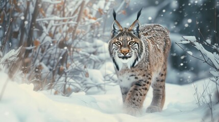 a close up of a lynx walking snow with trees background and snow flakes on the ground.
