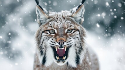 a close up of a lynx in the snow with it's mouth open and it's tongue out.