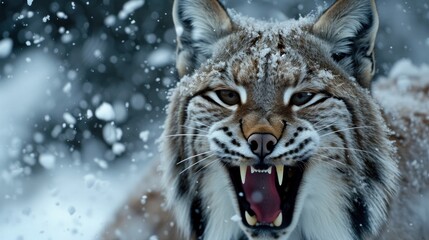 a close up of a lynx with it' open and it' wide open in the snow.