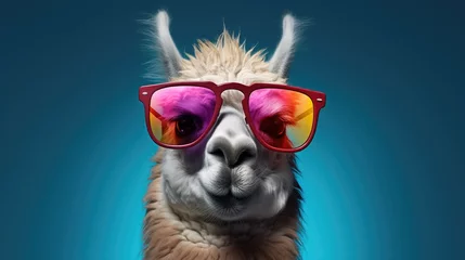 Deurstickers Creative animal concept. Llama in sunglass shade glasses isolated on solid pastel background, commercial, editorial advertisement, surreal surrealism © Usman