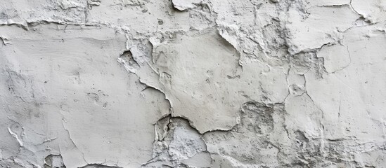 Obraz premium A detailed shot capturing the texture of a white wall with peeling paint, showcasing the effects of weathering and the passage of time on the building material