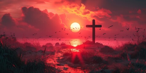 cross and birds in sunset