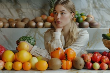 Fototapeta na wymiar a woman is sitting at a counter with some fruits and vegetables