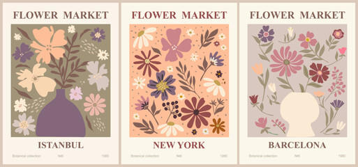 Set of abstract Flower Market posters. Trendy botanical wall arts with floral design in danish pastel colors. Modern naive groovy funky interior decorations, paintings. Vector art illustration.