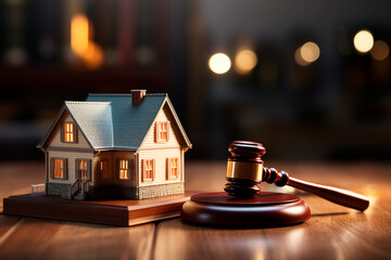 Close up to a law hammer with a house model in the background, real state law. Generative AI