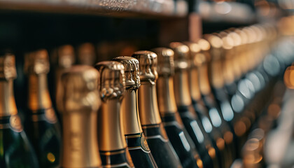 shelf with luxury sparkling wine, row with champagne in bottles, winery business - obrazy, fototapety, plakaty