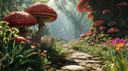 Fantastic Wonderland Landscape with Mushrooms - obrazy, fototapety, plakaty