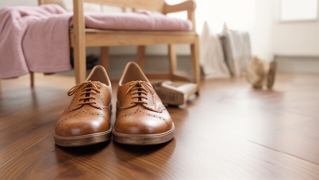Brown leather shoes on the wooden floor