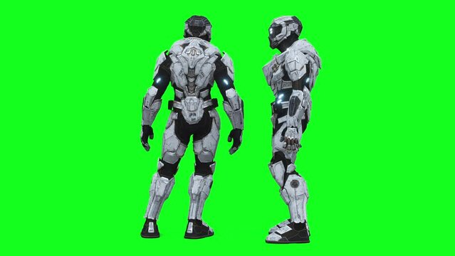 Military futuristic cyborg, robot. Realistic 4k green screen animation.