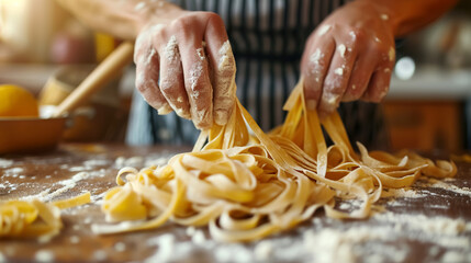 closeup shot of person making homemade pasta, professional chef preparing italian spaghetti at kitchen