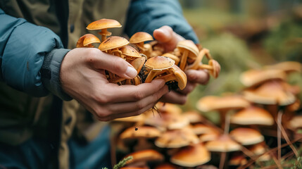 man picking mushroom in autumn forest, wild fungus harvesting at nature - obrazy, fototapety, plakaty
