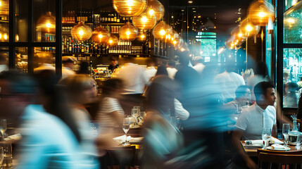 crowded restaurant with people dining and waiters, bartender and chefs working, blurred motion, cafe with crowd