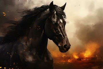 Dark Black horse portrait. Animal studio beauty. Generate Ai - obrazy, fototapety, plakaty