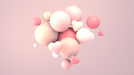 3d rendered abstract flying hearts and balls in the air.
