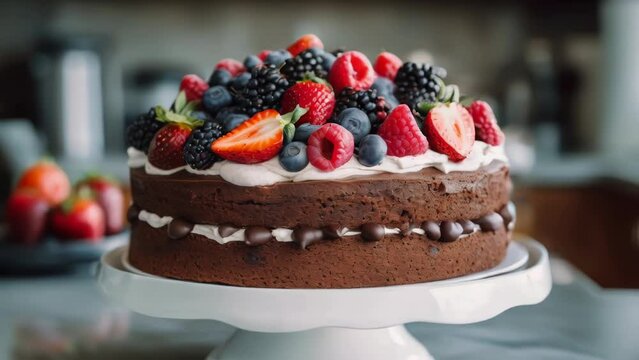 Delicious chocolate cake topped with fresh strawberries and blueberries. Perfect for any special occasion or dessert.