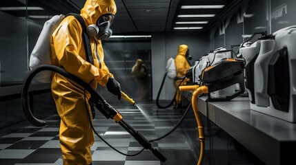 Specialists wearing yellow protective suits spray and disinfect the surfaces of the interior. Sanitation, healthcare, prevention and control of viral epidemics and insect pests. - obrazy, fototapety, plakaty