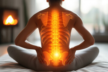 Neck and lumbar pain, intervertebral spine hernia, woman with back pain at home, spinal disc disease, health problems concept - obrazy, fototapety, plakaty