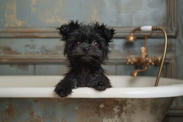Affenpinscher dog breed soaking relaxing in a bathtub