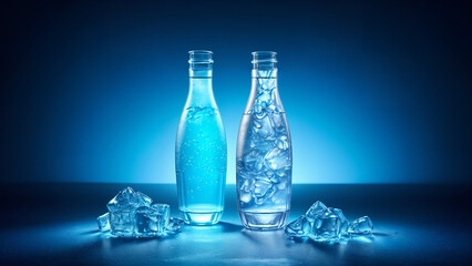 Two bottles of cold water with ice on a blue background