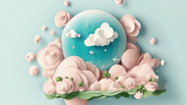 Beautiful blue egg is surrounded by fluffy white clouds and colorful flowers