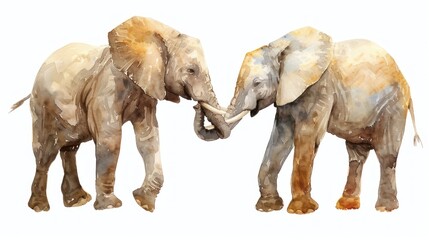 Obraz premium two elephants standing next to with their trunks touching 's trunks in front of a white background.