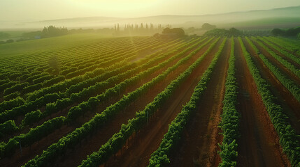 Symmetrical rows of grapevines stretch across a sunlit field, with rolling hills and trees in the...