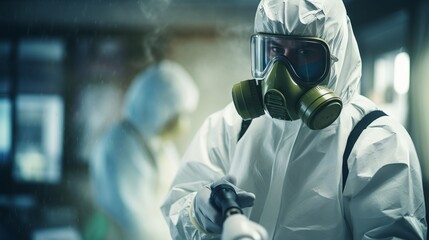Specialists wearing protective suits disinfect the surfaces of public places with special means and equipment. Sanitation, healthcare, prevention and control of viral epidemics and insect pests. - obrazy, fototapety, plakaty
