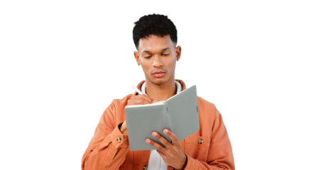 Man, writing in notebook with ideas or schedule, inspiration or calendar with pen isolated on png transparent background. Information, details and notes to remember, vision or decision with knowledge