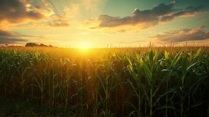 Obraz na płótnie Canvas A Corn Field with a Fiery Sunset and Dramatic Clouds