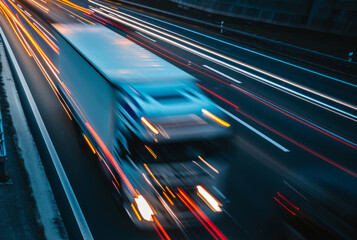 Trucks on highway in night time. Motion blur, light trails. Transportation, logistic. Timelapse, hyperlapse of transportation. Abstract soft glowing lines