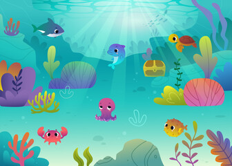 Naklejka na ściany i meble Cartoon seabed with cute sea animals. Colorful vector underwater seascape with algae and adorable animals.