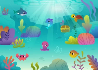 Foto op Plexiglas In de zee Cartoon seabed with cute sea animals. Colorful vector underwater seascape with algae and adorable animals.