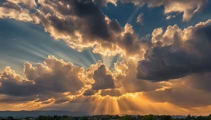 Naklejka na ściany i meble sun rays through the clouds, sunset, golden hour, blue sky with clouds, clouds in the sky, panoramic view of clouds, cloud background