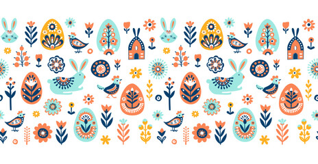 Simple Easter Scandinavian seamless pattern with bunny, eggs and flowers