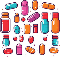 Colorful medication pills bottles illustration. Various tablets, capsules, medicine containers. Pharmaceutical drugs healthcare vector illustration