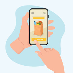 Online payment hand. Cart, Market, Vector flat illustration