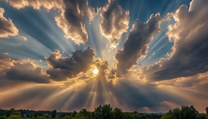 sun rays through the clouds, sunset, golden hour, blue sky with clouds, clouds in the sky, panoramic view of clouds, cloud background - obrazy, fototapety, plakaty