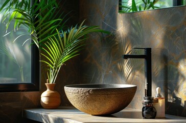 the bowl bowl sink with a potted plant next to it