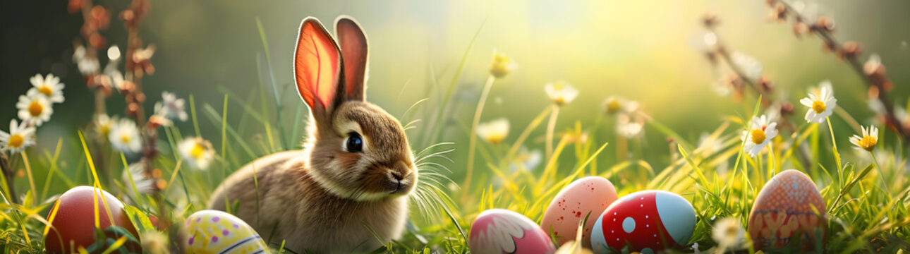 Easter Morning: A Serene Bunny Amidst Colorful Eggs and Vibrant Blooming Flowers Bathed in Golden Sunlight