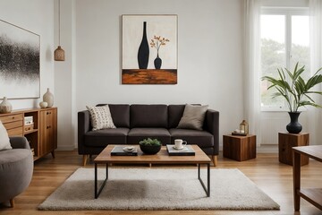 Wooden living room design. Beautiful living room in wooden styles with modern paintings, vase and personal accessories in a perfect composition
