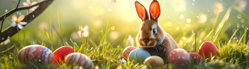 Easter Morning: A Serene Bunny Amidst Colorful Eggs and Vibrant Blooming Flowers Bathed in Golden Sunlight