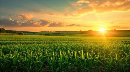 A Corn Field with a Lovely Sunset and Clouds