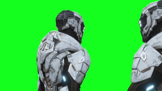 Military futuristic cyborg, robot. Realistic 4k green screen animation.