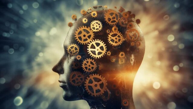 Person's head with gears forming shape of human head. Can be used to represent concept of thinking, intelligence, or complexities of mind.