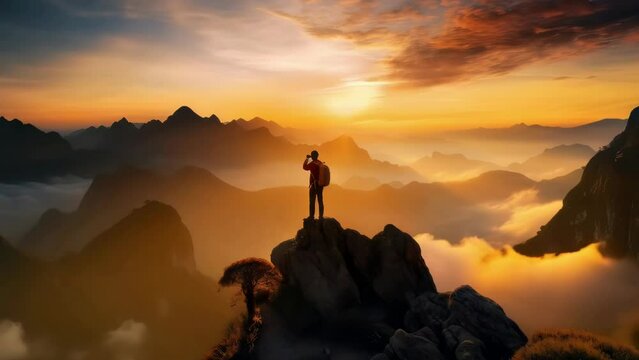 Man standing on top of mountain, capturing breathtaking view with his camera. Perfect for adventure, travel, and nature-themed projects