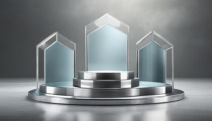 Empty chrome podium or pedestal on light gray background. first, second and third. Altar booth concept. 3D