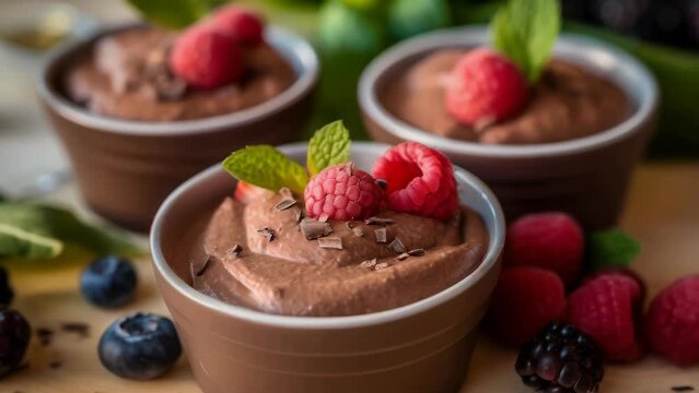 Delicious couple of cups of chocolate pudding topped with fresh raspberries. Perfect for dessert or sweet treat.