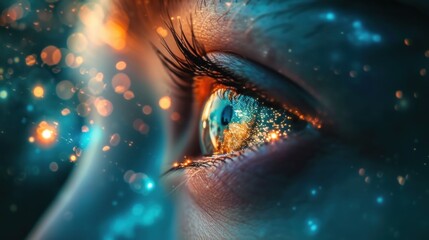 a close up person's eye with a blurry image star filled sky in the background.