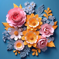 Bouquet of Paper Flowers on Blue Background